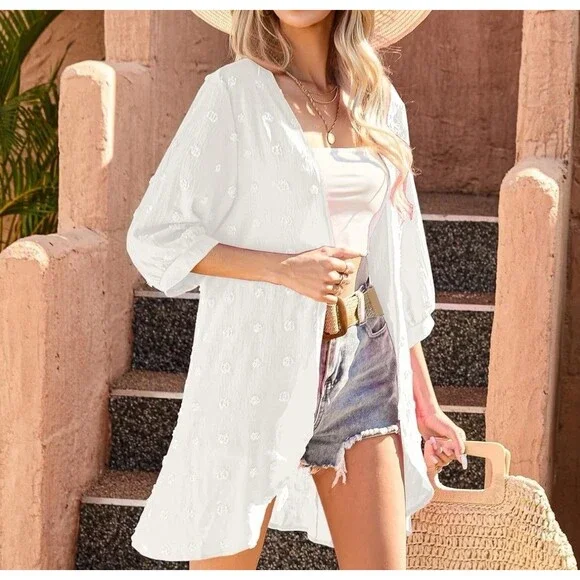 NWT White Cardigan 3/4 Sleeve Lightweight Summer Kimono Cover Up Women's 3XL - Picture 2 of 4